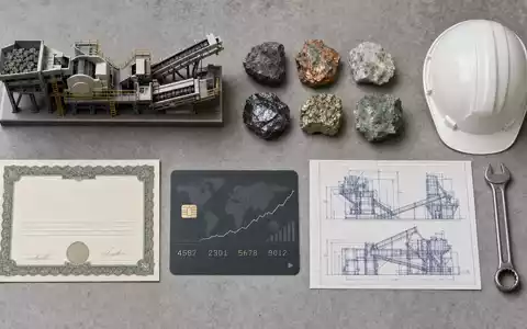 Metso Oyj Flatlay mit Miniatur Steinbrecher Metallerz Proben und Boersen Zertifikat ISIN FI0009014575 Anordnung - Foto: THN