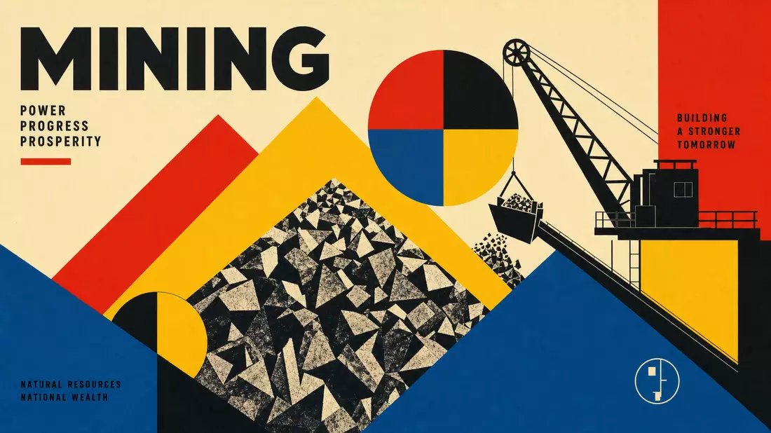 Bauhaus-Grafikposter MINING mit geometrischen Formen in Primärfarben