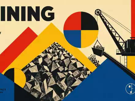 Metso Oyj Bergbautechnik als geometrisches Bauhaus Poster mit MINING Schriftzug und Primärfarben ISIN FI0009014575 - Foto: THN