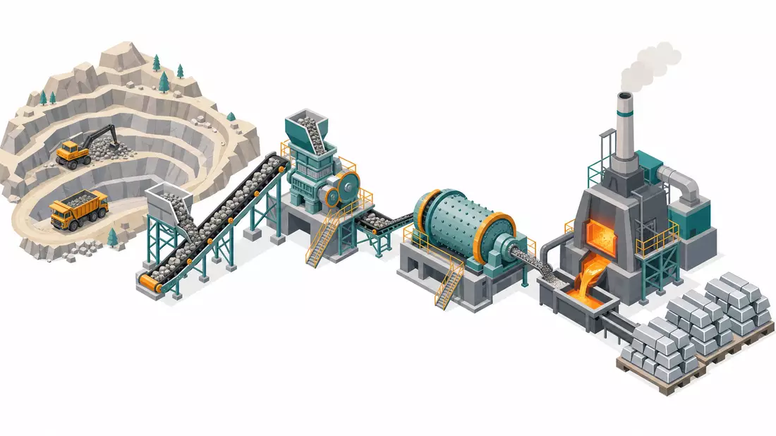 Isometrische 3D-Darstellung einer Prozesskette von Bergbau bis Metallverarbeitung