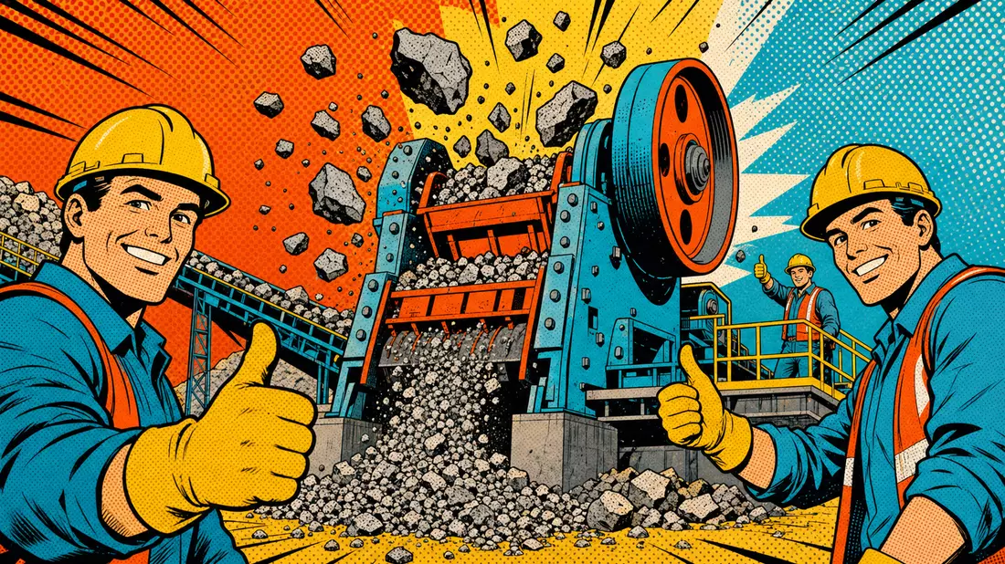 Bunte Pop-Art-Comicszene mit stilisiertem Steinbrecher und Bergarbeitern