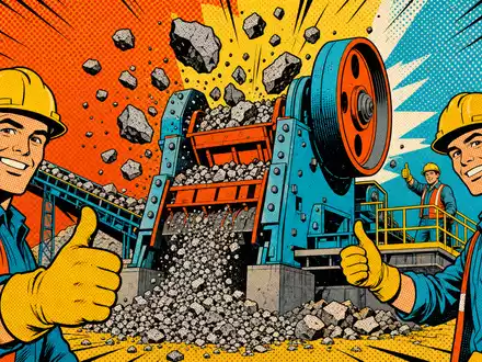 Metso Oyj Bergbaumaschinen als bunte stilisierte Pop Art Comic Szene mit Steinbrecher ISIN FI0009014575 Illustration - Foto: THN