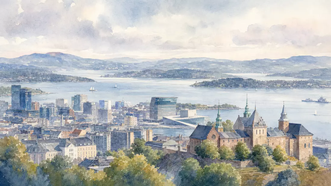 Aquarellmalerei der Osloer Skyline mit Fjord und weichen Pastellfarben
