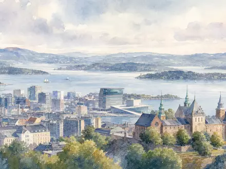 Storebrand ASA NO0003053605 präsentiert eine stimmungsvolle Aquarellmalerei der Osloer Skyline mit weiter Fjordlandschaft - Foto: THN