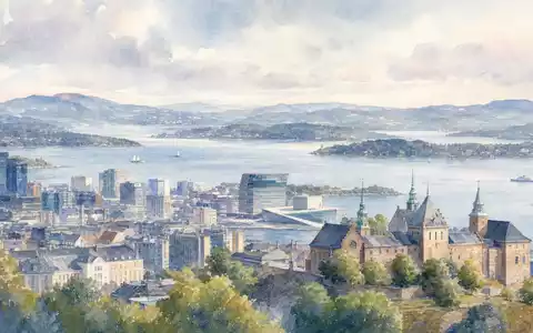 Storebrand ASA NO0003053605 präsentiert eine stimmungsvolle Aquarellmalerei der Osloer Skyline mit weiter Fjordlandschaft - Foto: THN