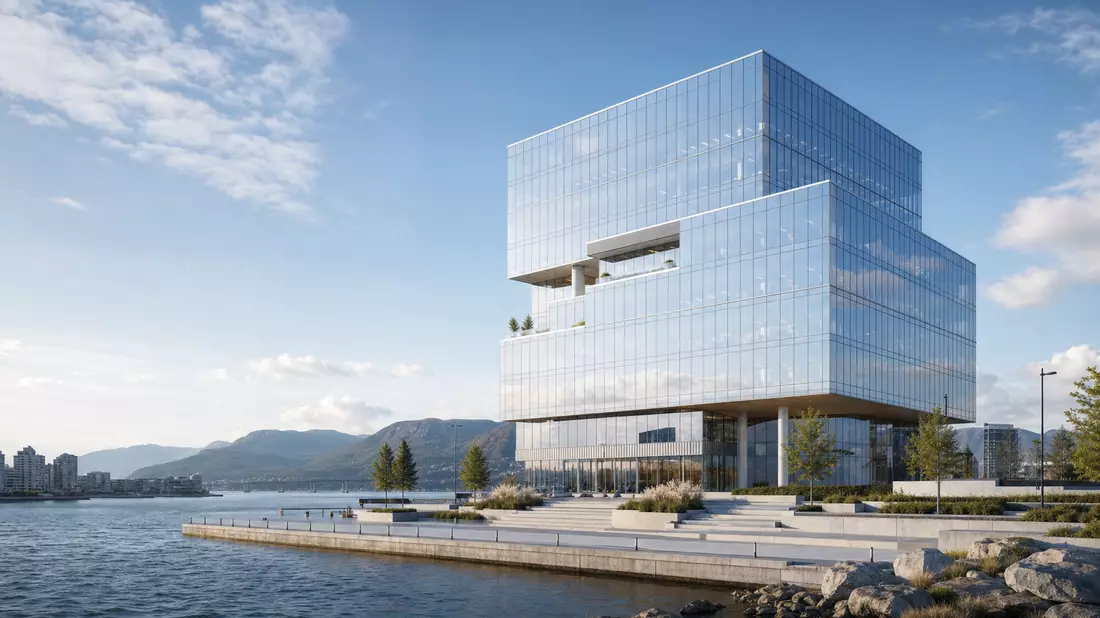 Architektur-Rendering eines modernen gläsernen Hochhauses am Wasser