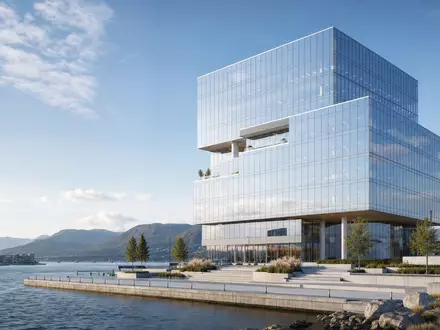 Storebrand ASA NO0003053605 visualisiert ein futuristisches Hochhaus-Rendering für den nordischen Finanzdienstleistungssektor am Wasser - Foto: THN
