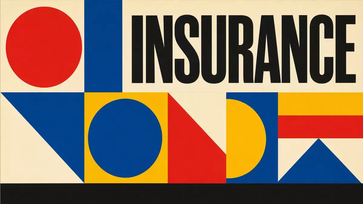 Geometrisches Bauhaus-Poster mit dem Wort INSURANCE in kräftigen Grundfarben