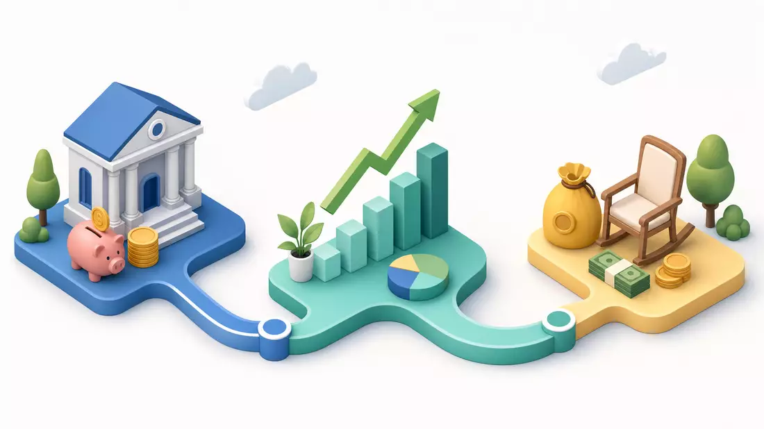 Isometrische 3D-Illustration einer Wertschöpfungskette von Ersparnis bis Rentenauszahlung