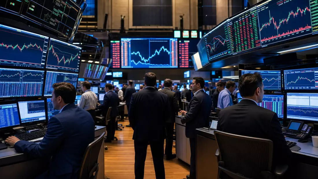 Editorial-Aufnahme eines Börsenhandelssaals mit Finanzcharts auf Bildschirmen