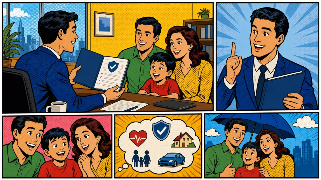 Farbenfrohe Pop-Art-Comicillustration eines Versicherungsberaters mit Familie