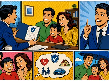 Storebrand ASA NO0003053605 illustriert eine farbenfrohe Pop-Art-Comicszene mit einem Versicherungsberater und einer glücklichen Familie - Foto: THN