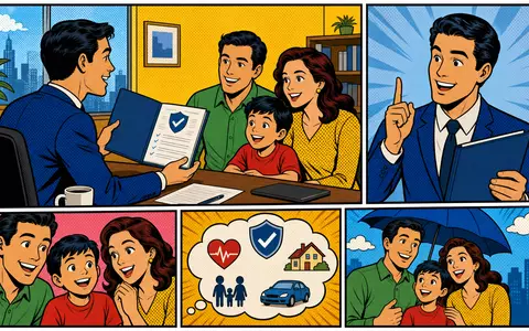 Storebrand ASA NO0003053605 illustriert eine farbenfrohe Pop-Art-Comicszene mit einem Versicherungsberater und einer glücklichen Familie - Foto: THN