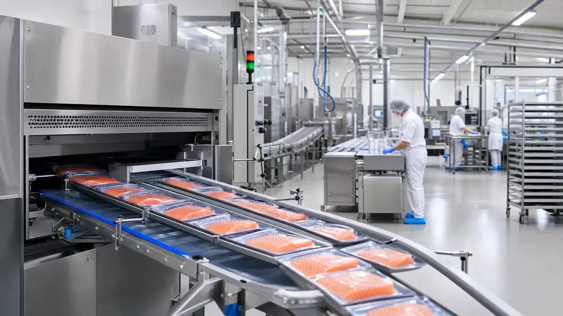Fotorealistische Lebensmittelfabrik mit Verpackungsanlage, passend zu Orkla ASA Konsumgüterproduktion