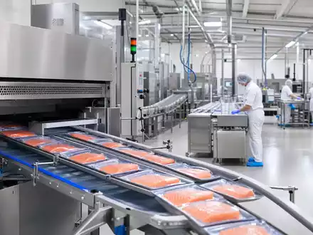 Orkla ASA NO0003733800 zeigt eine fotorealistische moderne Lebensmittelfabrik mit Verpackungslinie und Edelstahlanlagen im Werk - Foto: THN