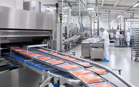 Orkla ASA NO0003733800 zeigt eine fotorealistische moderne Lebensmittelfabrik mit Verpackungslinie und Edelstahlanlagen im Werk - Foto: THN