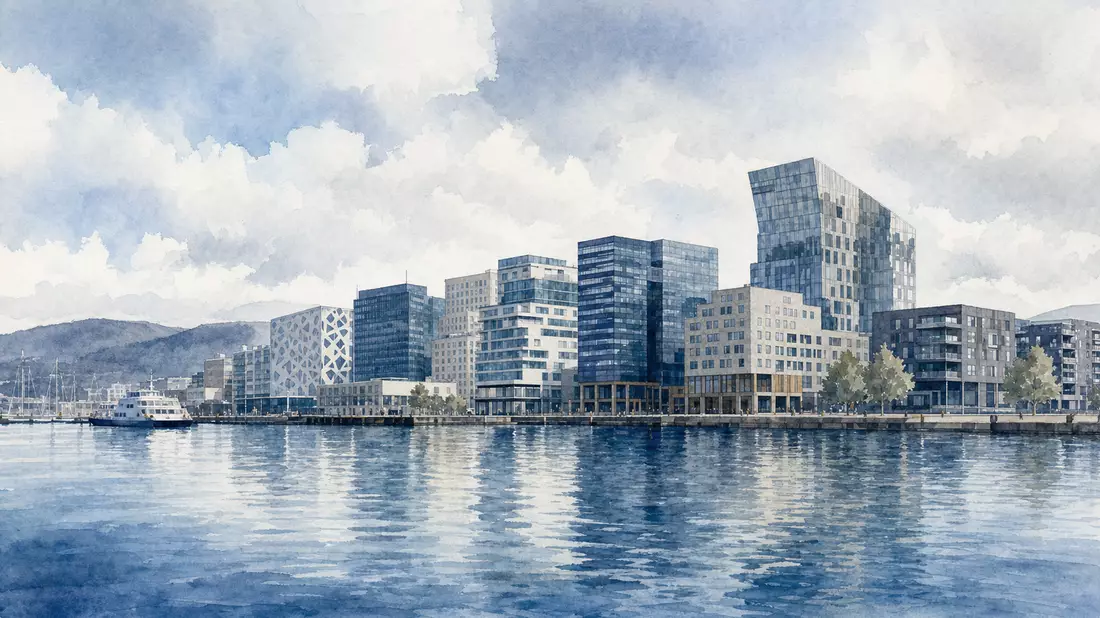 Aquarellmalerei einer nordischen Hafenstadt, inspiriert von Orkla ASA Hauptsitz in Oslo