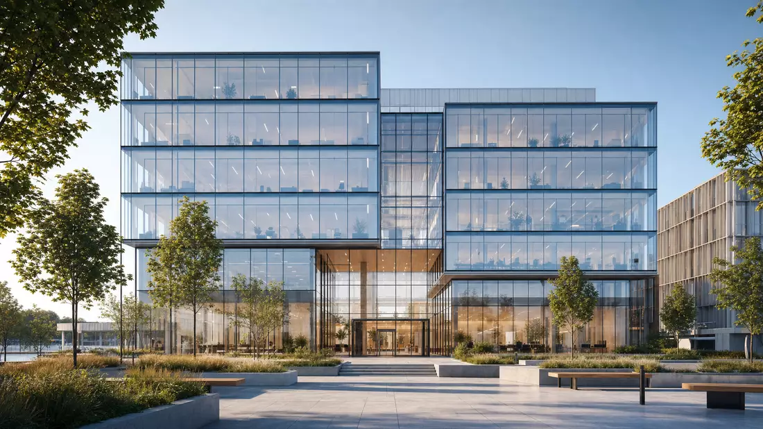 Architektur-Render eines Glas-Bürogebäudes, passend zum Unternehmenssitz von Orkla ASA