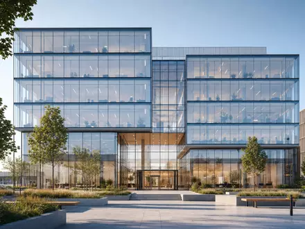 Orkla ASA NO0003733800 präsentiert ein architektonisches Render eines modernen Bürohochhauses mit gläserner Fassade und Eingangsplatz - Foto: THN