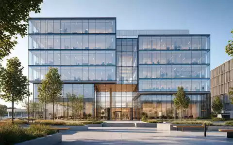 Orkla ASA NO0003733800 präsentiert ein architektonisches Render eines modernen Bürohochhauses mit gläserner Fassade und Eingangsplatz - Foto: THN
