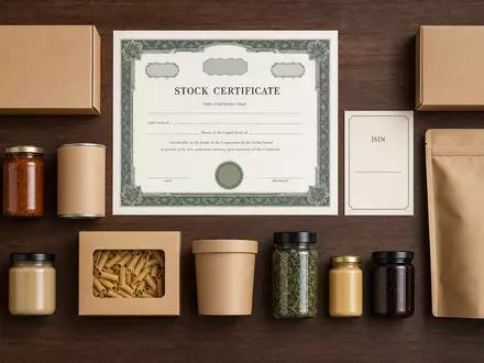 Orkla ASA NO0003733800 zeigt ein Flatlay mit Aktienzertifikat, ISIN-Karte und typischen Konsumgüter-Verpackungen sorgfältig arrangiert - Foto: THN