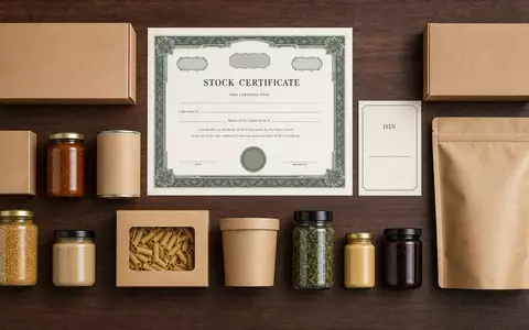 Orkla ASA NO0003733800 zeigt ein Flatlay mit Aktienzertifikat, ISIN-Karte und typischen Konsumgüter-Verpackungen sorgfältig arrangiert - Foto: THN