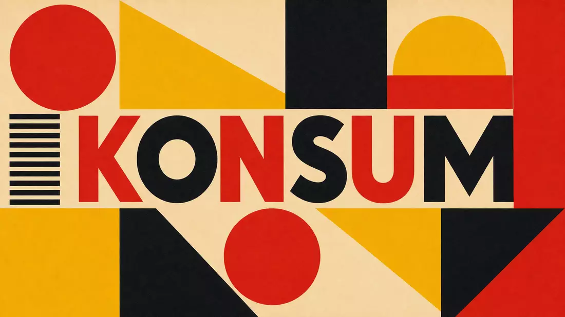 Bauhaus-Poster mit geometrischen Formen und Text KONSUM, angelehnt an Orkla ASA Branche
