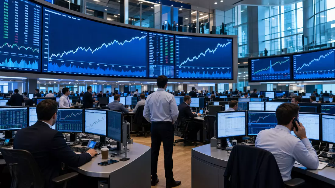 Editorial-Bild eines Trading-Floors mit Charts, thematisch verbunden mit Orkla ASA an der Osloer Börse