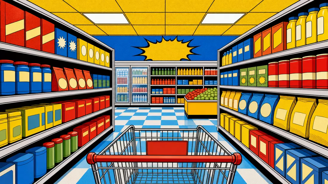 Pop-Art-Comic-Illustration eines Supermarktregals, angelehnt an Orkla ASA Konsumgüterprodukte