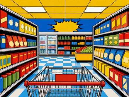 Orkla ASA NO0003733800 verwandelt sich in eine farbenfrohe Pop-Art-Comic-Szene mit einem gut gefüllten Konsumgüter-Supermarktregal - Foto: THN