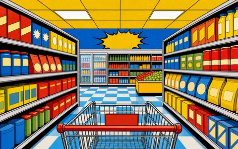 Orkla ASA NO0003733800 verwandelt sich in eine farbenfrohe Pop-Art-Comic-Szene mit einem gut gefüllten Konsumgüter-Supermarktregal - Foto: THN