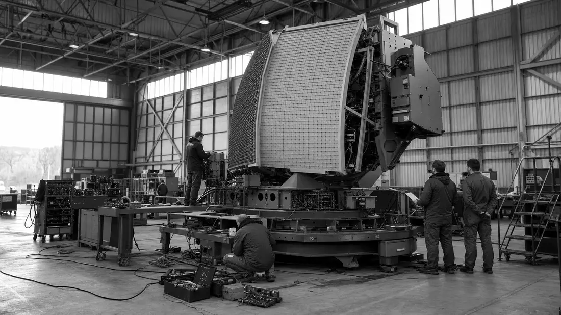 Schwarzweiß-Reportagefoto von Ingenieuren bei Wartung eines Radarsystems in Werkshalle