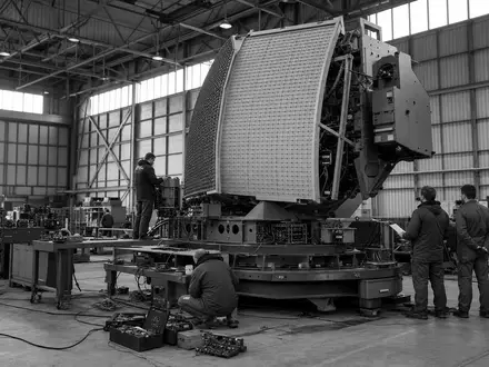 Kongsberg Gruppen ASA NO0003043309 dokumentiert Ingenieure bei sorgfältigen Wartungsarbeiten an militärischer Radartechnik in Werkshalle - Foto: THN