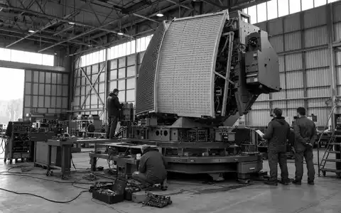 Kongsberg Gruppen ASA NO0003043309 dokumentiert Ingenieure bei sorgfältigen Wartungsarbeiten an militärischer Radartechnik in Werkshalle - Foto: THN