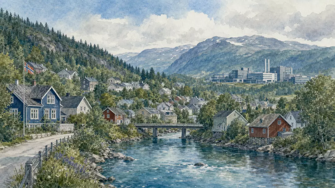 Aquarellmalerei der norwegischen Stadt Kongsberg mit Fluss und Bergen im Hintergrund