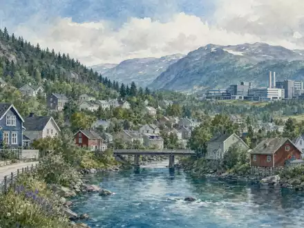 Kongsberg Gruppen ASA NO0003043309 illustriert die norwegische Bergstadt Kongsberg in weicher Aquarellmalerei - Foto: THN