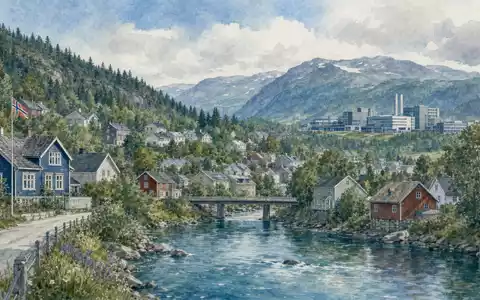 Kongsberg Gruppen ASA NO0003043309 illustriert die norwegische Bergstadt Kongsberg in weicher Aquarellmalerei - Foto: THN
