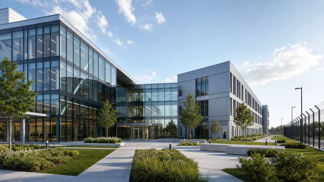 Architektur-Render eines modernen Technologie- und Forschungszentrums mit Glasfassade