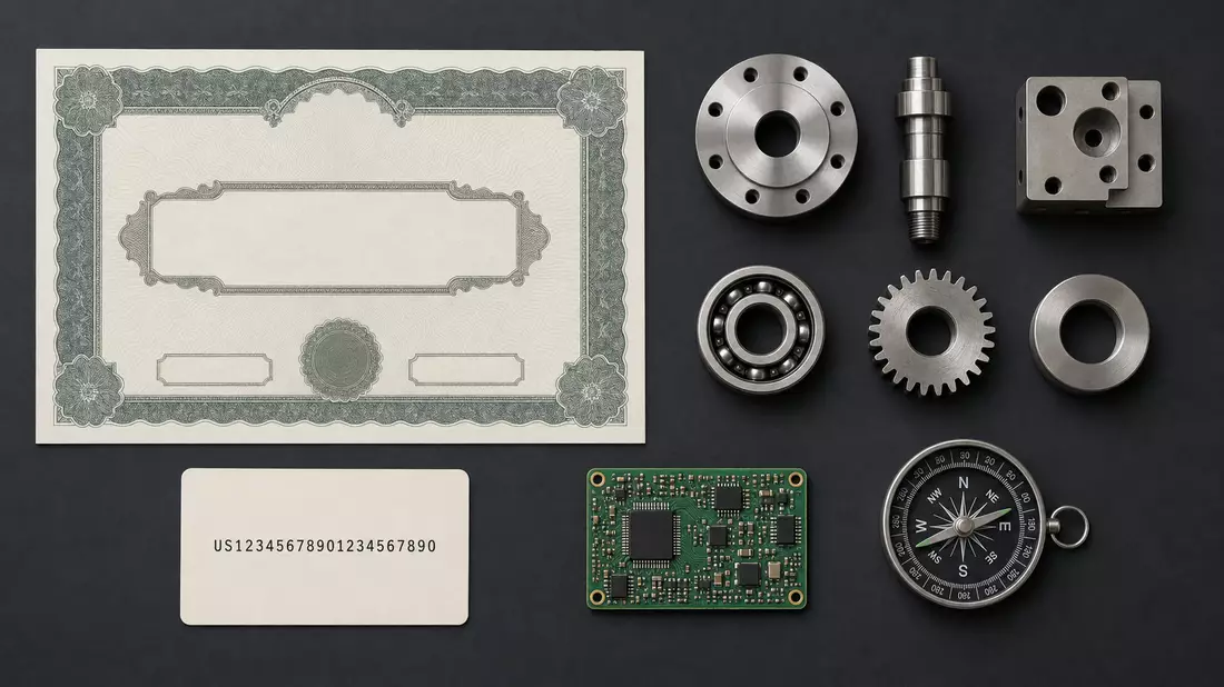Flatlay-Arrangement mit Aktienzertifikat, ISIN-Karte und technischen Metallbauteilen