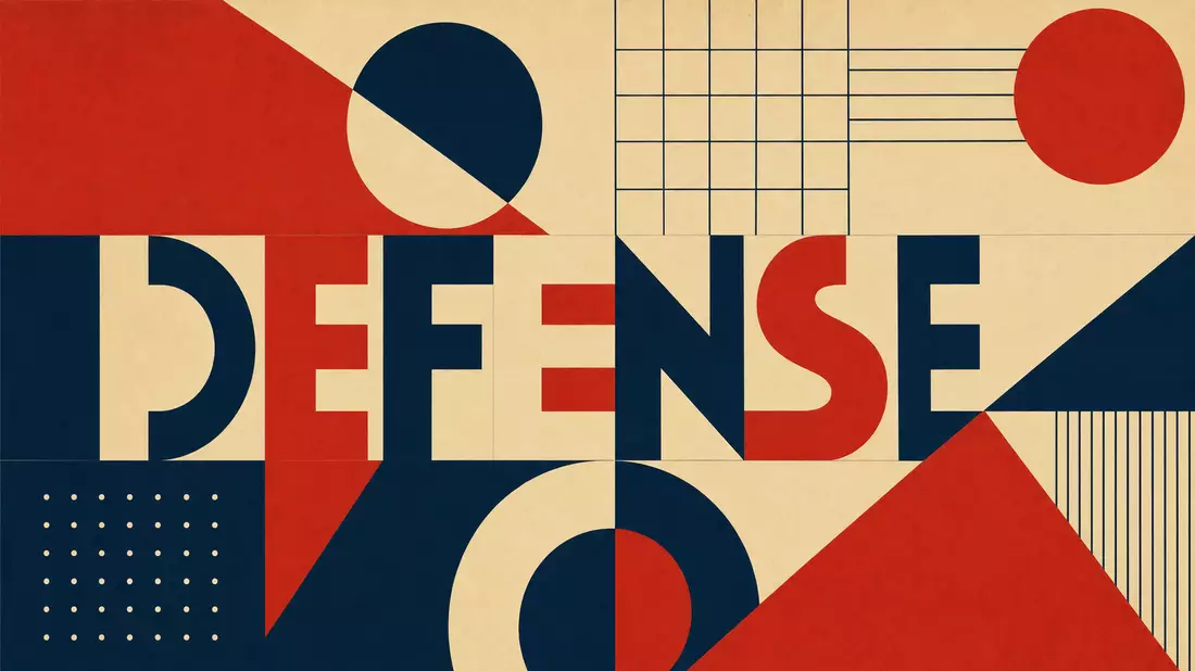 Bauhaus-Poster mit geometrischen Formen und dem Wort DEFENSE in klaren Farben