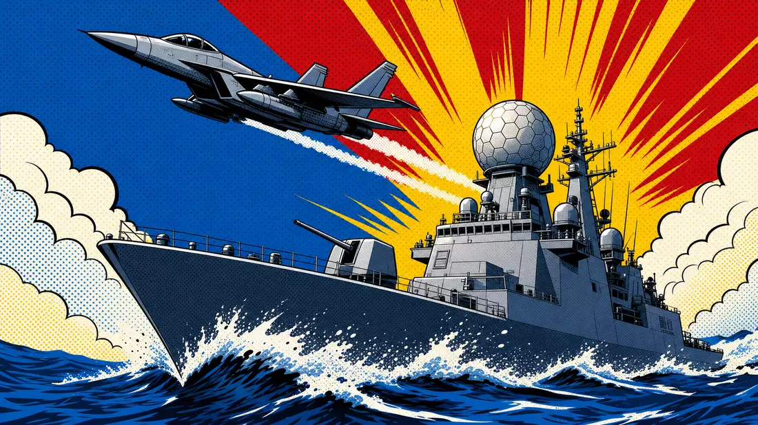 Pop-Art-Comic-Illustration mit stilisiertem Radarschiff, Kampfjet und Halftone-Muster