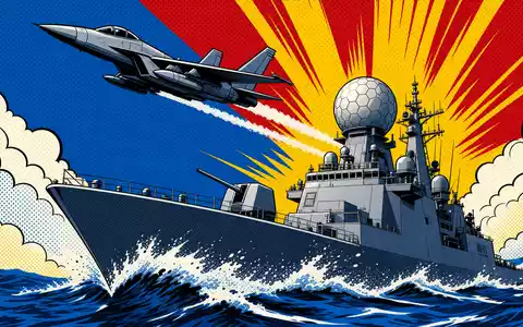 Kongsberg Gruppen ASA NO0003043309 inszeniert eine farbenfrohe Pop-Art-Comicszene mit Radarschiff und Jet - Foto: THN