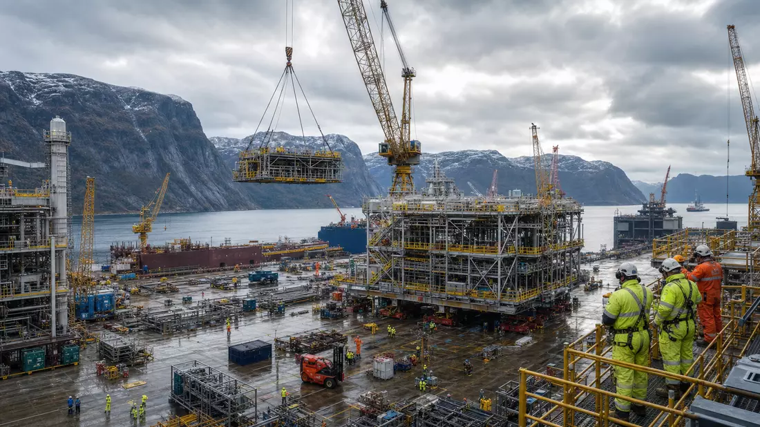 Fotorealistische Offshore-Werft mit Kränen und Fjordlandschaft für Aker Solutions ASA