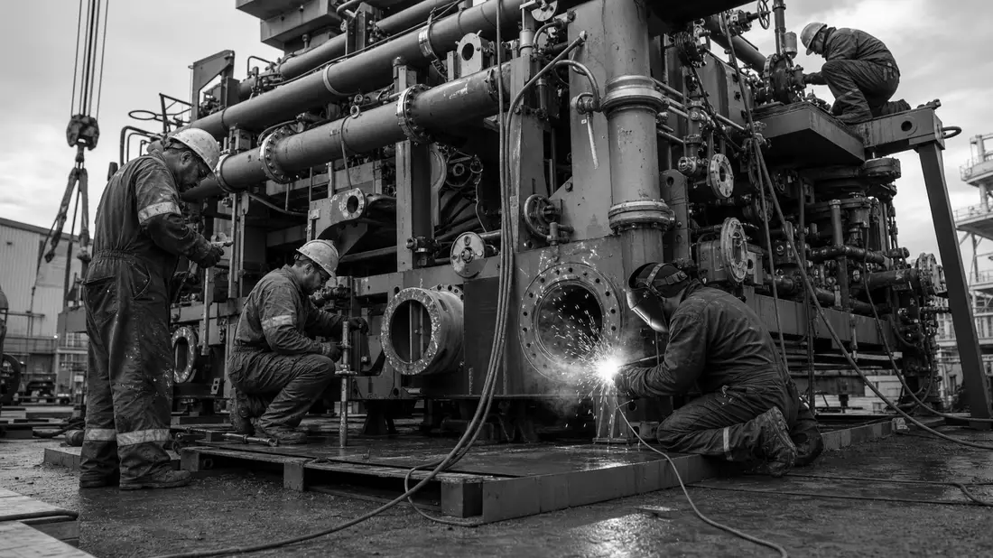 Schwarzweiß-Reportagefoto von Technikern bei Schweißarbeiten an Industriemodul