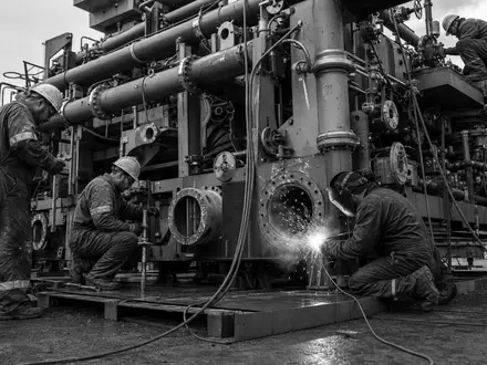 Aker Solutions ASA NO0010716582 dargestellt als dokumentarische Schwarzweiß-Reportage von Ingenieuren an Unterwasser-Ausrüstungsmodulen - Foto: THN