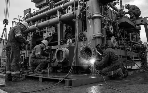 Aker Solutions ASA NO0010716582 dargestellt als dokumentarische Schwarzweiß-Reportage von Ingenieuren an Unterwasser-Ausrüstungsmodulen - Foto: THN