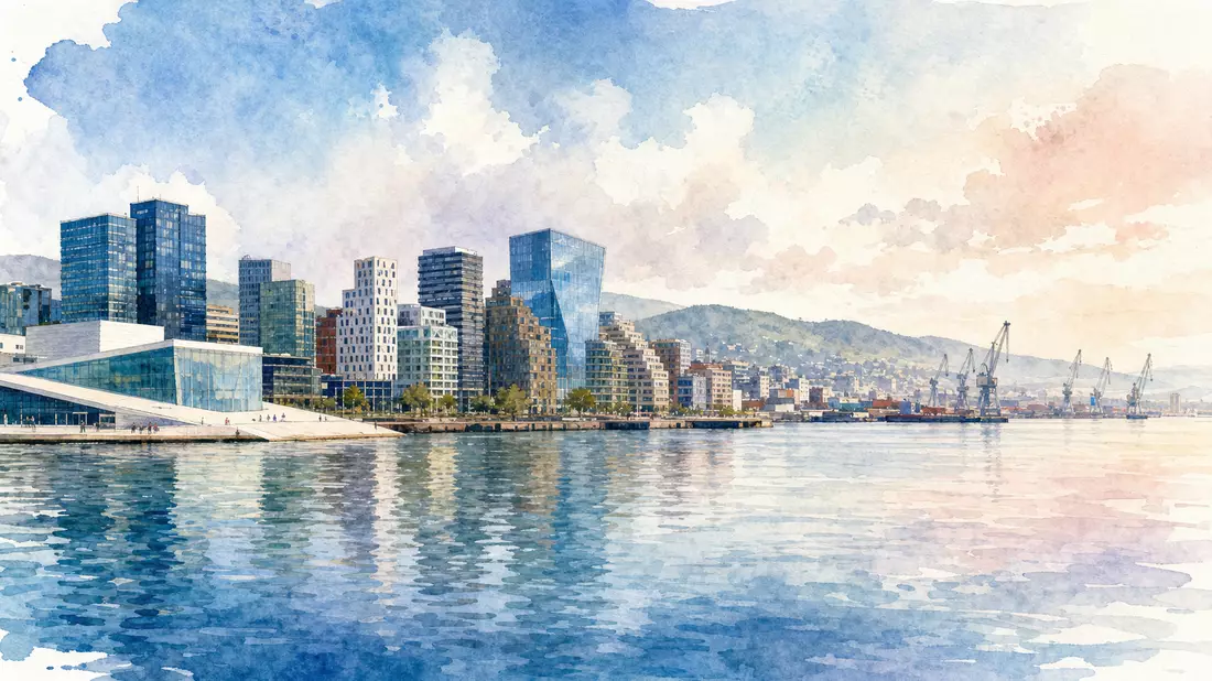 Aquarellbild der Oslo Skyline am Fjord mit Kränen im Hintergrund