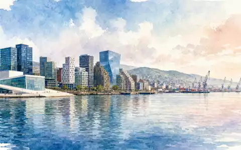 Aker Solutions ASA NO0010716582 als zarte Aquarellmalerei der Osloer Hafenskyline mit Fjord und fernen Industriekränen - Foto: THN
