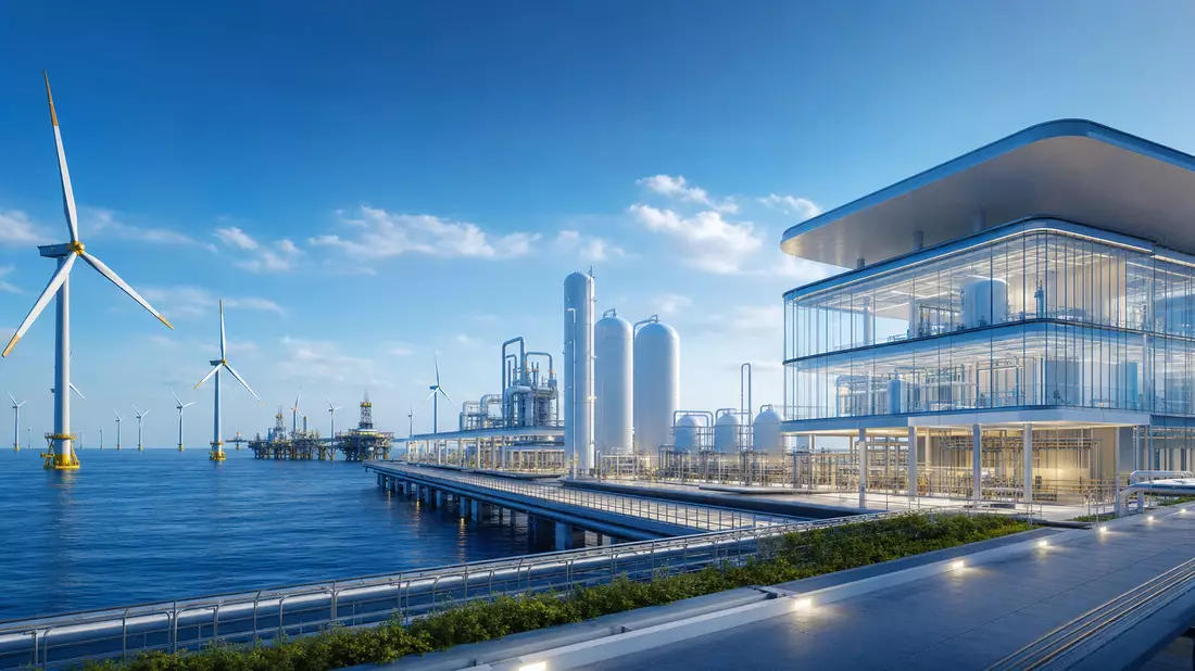 3D-Architekturrender einer Offshore-Energieanlage mit Windturbinen und Glasfassade