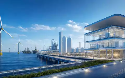 Aker Solutions ASA NO0010716582 illustriert als futuristischer Architektur-Render einer Offshore-Wind- und Wasserstoffanlage am Meer - Foto: THN